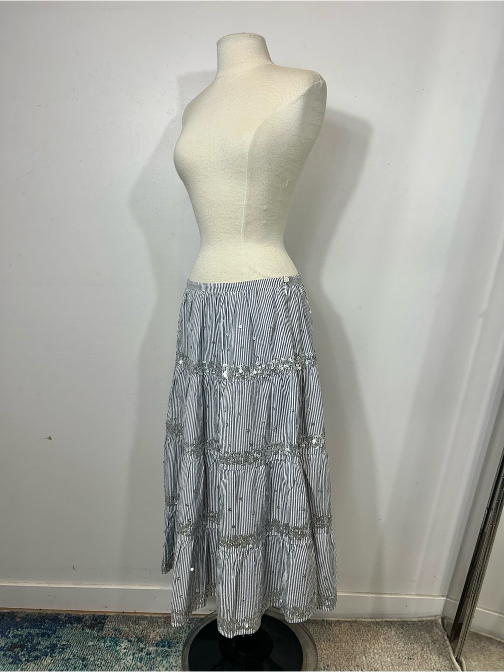 Rose and Rose Striped Sequin Tiered Maxi Skirt Blue White Cotton Boho Size XS - Picture 5 of 9